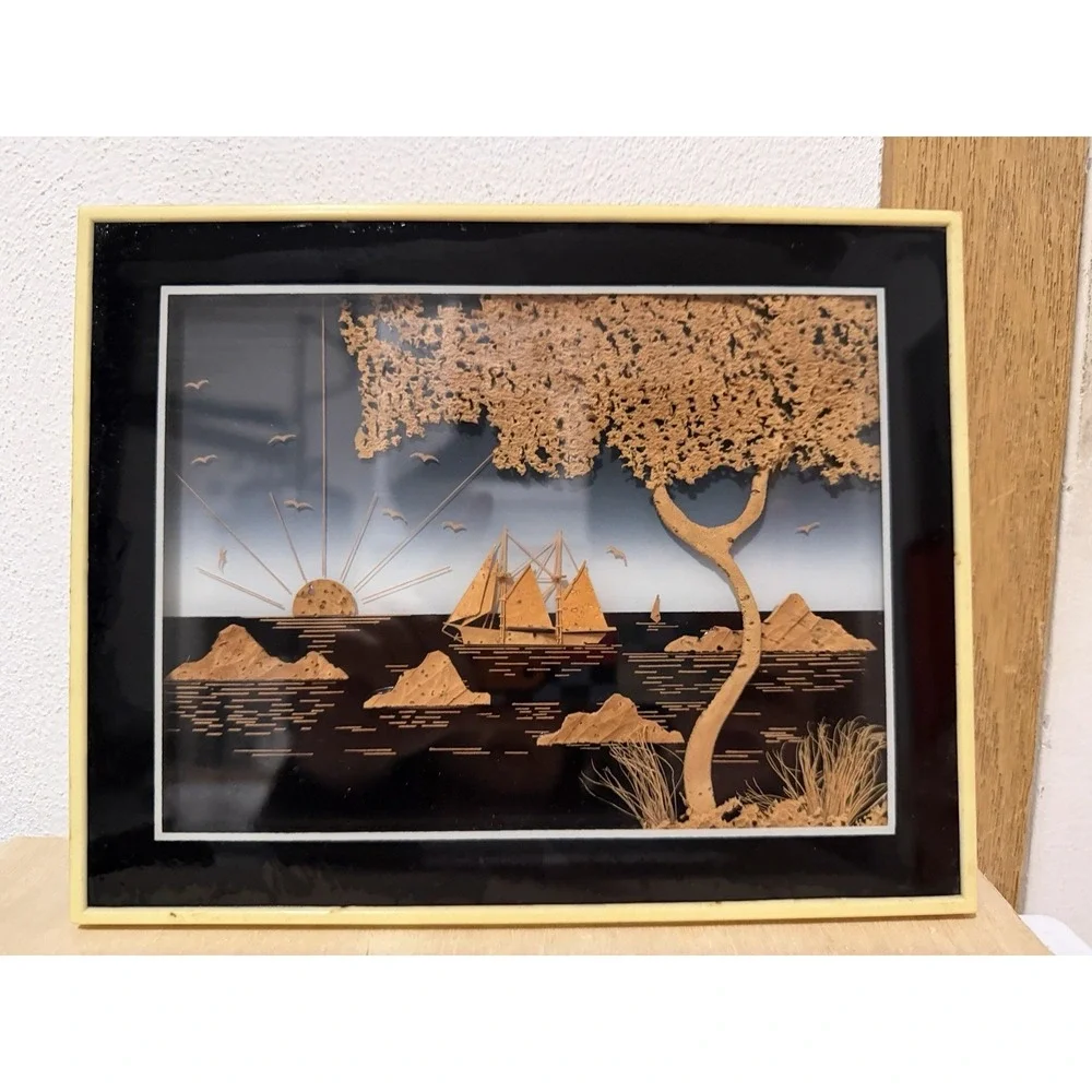 Carved Cork Asian Scene Framed Artwork Birds, Tree, Sailboat, Water